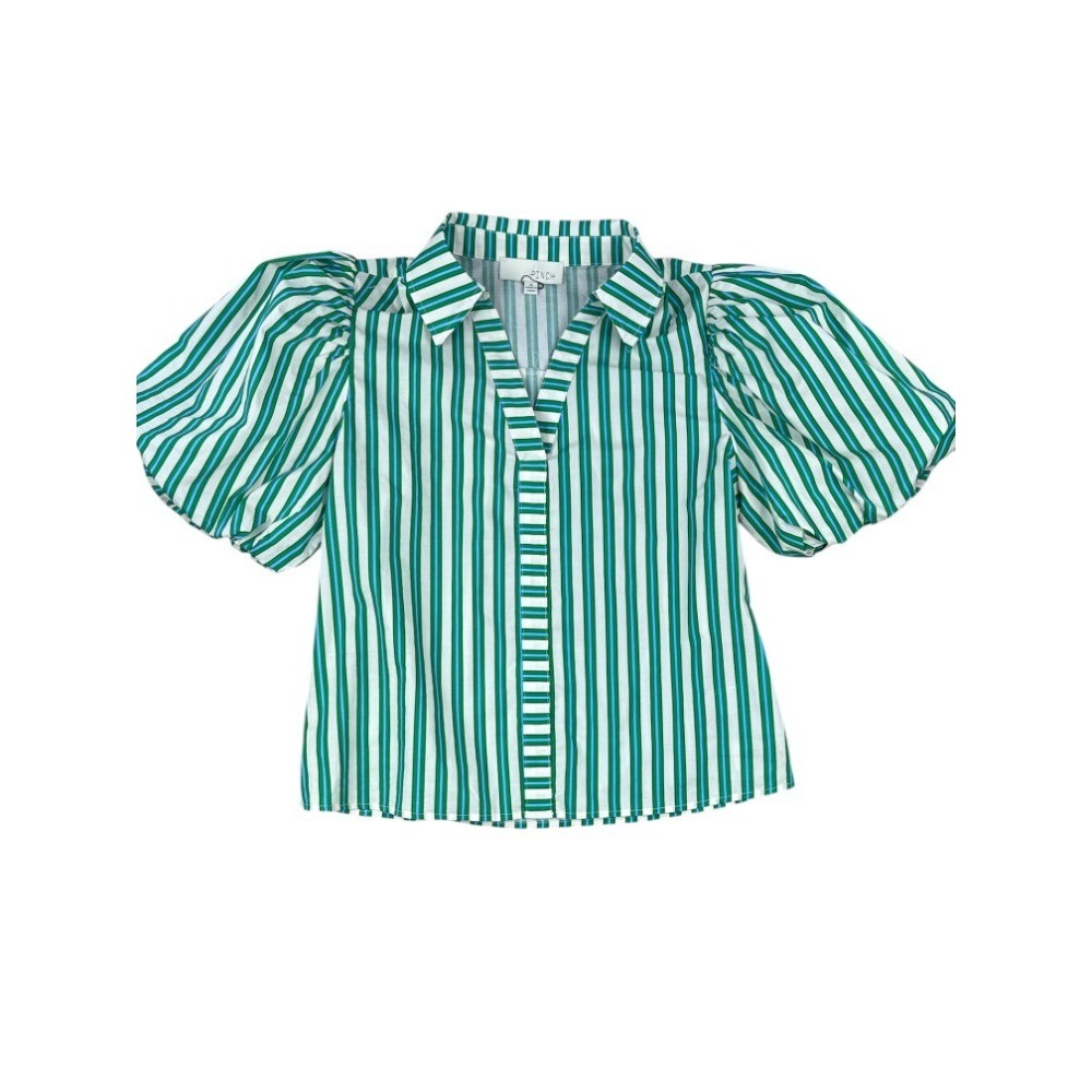 PINCH Cream Green Striped Puff Sleeve V-Neck Collared Blouse Size Small